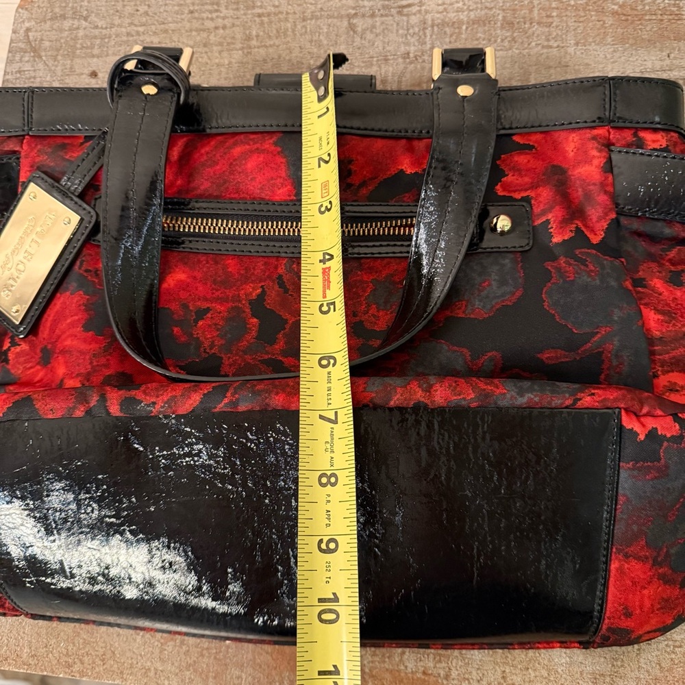 Talbots Black Red Floral Fabric Shoulder Tote Black Faux Patent Leather Trim - Picture 11 of 13